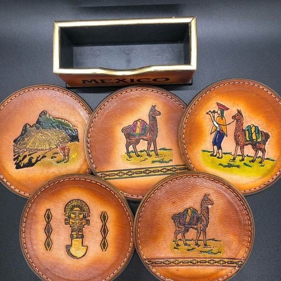 Leather Coaster Set Made In Mexico Inca Llama Hand Stitched 4” Diameter - Picture 4 of 8